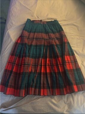 Vintage Pleated Red and Green Plaid Midi Skirt